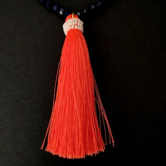 Navy beaded necklace with florescent orange thread tassel - Picture 6 of 12